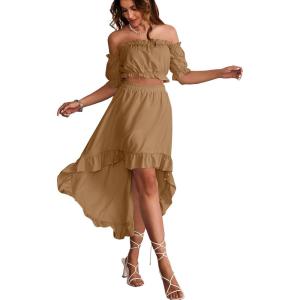 imageLYANER Womens Two Pieces Outfits Off Shoulder Crop Top and High Low Skirt SetKhaki