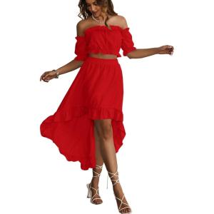 imageLYANER Womens Two Pieces Outfits Off Shoulder Crop Top and High Low Skirt SetRed