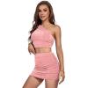 imageLYANER Womens 2 Piece Outfits One Shoulder Crop Top and Mini Skirt SetLight Pink
