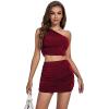 imageLYANER Womens 2 Piece Outfits One Shoulder Crop Top and Mini Skirt SetWine Red