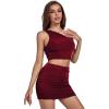imageLYANER Womens 2 Piece Outfits One Shoulder Crop Top and Mini Skirt SetWine Red