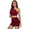 imageLYANER Womens 2 Piece Outfits One Shoulder Crop Top and Mini Skirt SetWine Red