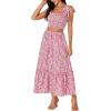 imageLYANER Womens Boho 2 Piece Outfits Floral Tie Shoulder Smocked Crop Top and Ruffle Beach Maxi Skirt SetPink