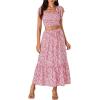 imageLYANER Womens Boho 2 Piece Outfits Floral Tie Shoulder Smocked Crop Top and Ruffle Beach Maxi Skirt SetPink