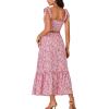 imageLYANER Womens Boho 2 Piece Outfits Floral Tie Shoulder Smocked Crop Top and Ruffle Beach Maxi Skirt SetPink