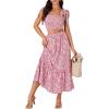 imageLYANER Womens Boho 2 Piece Outfits Floral Tie Shoulder Smocked Crop Top and Ruffle Beach Maxi Skirt SetPink