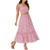 imageLYANER Womens Boho 2 Piece Outfits Floral Tie Shoulder Smocked Crop Top and Ruffle Beach Maxi Skirt SetPink