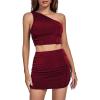 imageLYANER Womens 2 Piece Outfits One Shoulder Crop Top and Mini Skirt SetWine Red