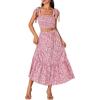 imageLYANER Womens Boho 2 Piece Outfits Floral Tie Shoulder Smocked Crop Top and Ruffle Beach Maxi Skirt SetPink