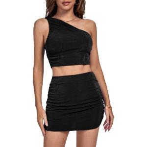 imageLYANER Womens 2 Piece Outfits One Shoulder Crop Top and Mini Skirt SetBlack