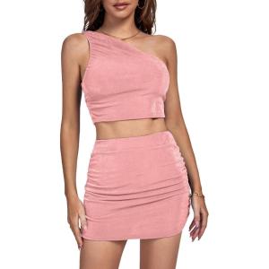 imageLYANER Womens 2 Piece Outfits One Shoulder Crop Top and Mini Skirt SetLight Pink