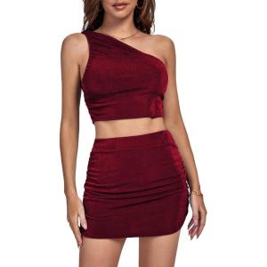 imageLYANER Womens 2 Piece Outfits One Shoulder Crop Top and Mini Skirt SetWine Red