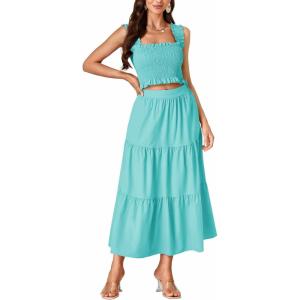 imageLYANER Womens 2 Piece Outfits Sleeveless Crop Top and High Waist Midi Skirt Set With PocketsAzure