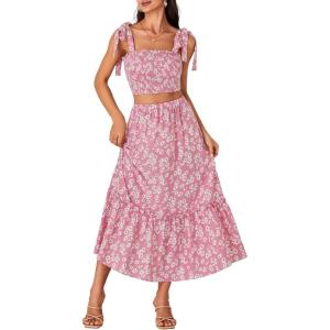 imageLYANER Womens Boho 2 Piece Outfits Floral Tie Shoulder Smocked Crop Top and Ruffle Beach Maxi Skirt SetPink