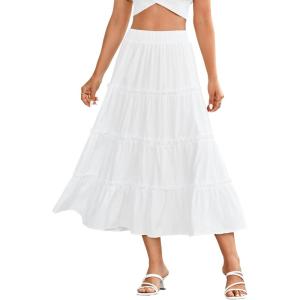 imageLYANER Womens Casual Elastic High Waist Layer Ruffle A Line Swing Long Maxi SkirtWhite