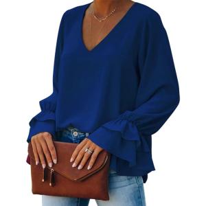imageLYANER Womens Casual V Neck Tiered Ruffle Bell Long Sleeve Blouse Shirt Tunic TopRoyal Blue