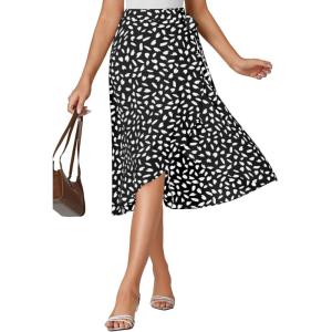 imageLYANER Womens Floral Print Wrap Front Self Tie Knot Ruffle Hem Split Midi SkirtBlack