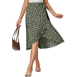 imageLYANER Womens Floral Print Wrap Front Self Tie Knot Ruffle Hem Split Midi SkirtGreen