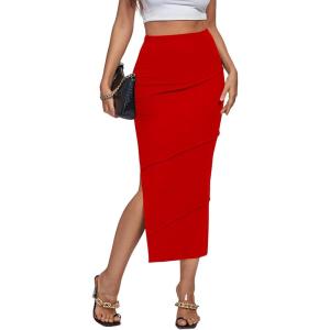 imageLYANER Womens High Waist Stretchy Split Slit Hem Rib Knit Bodycon Midi SkirtRed