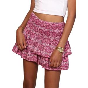 imageLYANER Womens High Waist Tiered Layer Ruched Ruffle Hem Floral Printed Mini SkirtRose