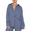 imageLYANER Womens 2 Piece Outfits Button Down Long Sleeve Shirt and Wide Leg Pants SetDusty Blue