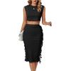 imageLYANER Womens 2 Piece Outfits Crewneck Fringe Sleeveless Crop Top and Tassel Trim Bodycon Midi Skirt SetBlack