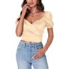imageLYANER Womens Casual Wrap V Neck Puff Short Sleeve Tie Back Crop Top Blouse ShirtBeige