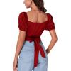 imageLYANER Womens Casual Wrap V Neck Puff Short Sleeve Tie Back Crop Top Blouse ShirtRed