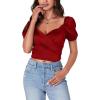 imageLYANER Womens Casual Wrap V Neck Puff Short Sleeve Tie Back Crop Top Blouse ShirtRed
