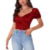 imageLYANER Womens Casual Wrap V Neck Puff Short Sleeve Tie Back Crop Top Blouse ShirtRed