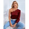 imageLYANER Womens Sexy Satin One Shoulder Puff Long Sleeve Crop Blouse Shirt TopBurgundy