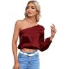 imageLYANER Womens Sexy Satin One Shoulder Puff Long Sleeve Crop Blouse Shirt TopBurgundy