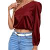 imageLYANER Womens Sexy Satin One Shoulder Puff Long Sleeve Crop Blouse Shirt TopBurgundy