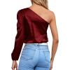imageLYANER Womens Sexy Satin One Shoulder Puff Long Sleeve Crop Blouse Shirt TopBurgundy