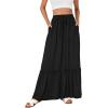 imageLYANER Womens Summer Maxi Skirt Elastic High Waist Tiered Ruffle A Line Swing Long Midi Skirt with PocketsBlack