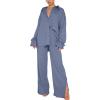 imageLYANER Womens 2 Piece Outfits Button Down Long Sleeve Shirt and Wide Leg Pants SetDusty Blue
