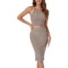 imageLYANER Womens 2 Piece Outfits Ribbed Halter Neck Sleeveless Crop Top and High Waist Bodycon Midi Skirt SetMocha