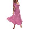 imageLYANER Womens Boho 2 Piece Outfits Polka Dots V Neck Crop Top and Elastic Waist Skirt SetsSolid Pink