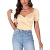 imageLYANER Womens Casual Wrap V Neck Puff Short Sleeve Tie Back Crop Top Blouse ShirtBeige