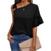 imageLYANER Womens Sexy Chiffon Ruffle Frill Half Sleeve Drawstring One Shoulder Blouse TopPure Black