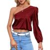 imageLYANER Womens Sexy Satin One Shoulder Puff Long Sleeve Crop Blouse Shirt TopBurgundy