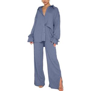 imageLYANER Womens 2 Piece Outfits Button Down Long Sleeve Shirt and Wide Leg Pants SetDusty Blue