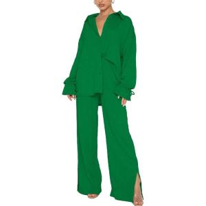 imageLYANER Womens 2 Piece Outfits Button Down Long Sleeve Shirt and Wide Leg Pants SetGreen