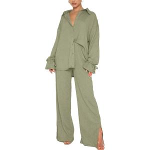 imageLYANER Womens 2 Piece Outfits Button Down Long Sleeve Shirt and Wide Leg Pants SetLight Green