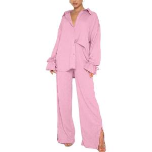imageLYANER Womens 2 Piece Outfits Button Down Long Sleeve Shirt and Wide Leg Pants SetLight Pink
