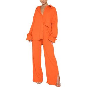 imageLYANER Womens 2 Piece Outfits Button Down Long Sleeve Shirt and Wide Leg Pants SetNeon Orange
