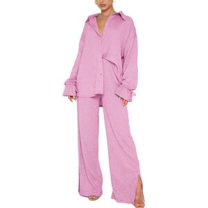 imageLYANER Womens 2 Piece Outfits Button Down Long Sleeve Shirt and Wide Leg Pants SetPink