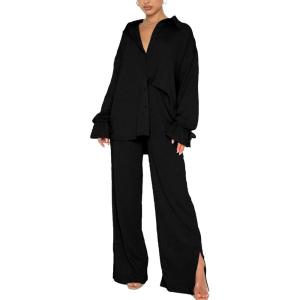 imageLYANER Womens 2 Piece Outfits Button Down Long Sleeve Shirt and Wide Leg Pants SetPlain Black
