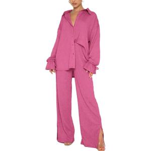 imageLYANER Womens 2 Piece Outfits Button Down Long Sleeve Shirt and Wide Leg Pants SetPlain Rose