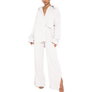 imageLYANER Womens 2 Piece Outfits Button Down Long Sleeve Shirt and Wide Leg Pants SetPlain White